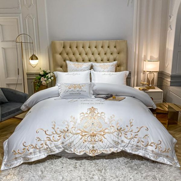 

bedding sets luxury white 60s satin silk cotton set gold royal embroidery duvet cover flat/fitted sheet pillowcases home textiles