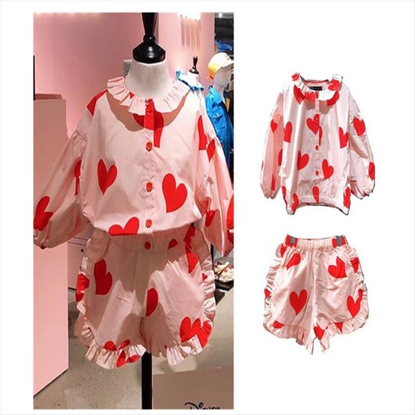 

summer girls shirt long sleeve lace collar button sweet pink love playful cute pleated edge shorts korean childrens, White;black
