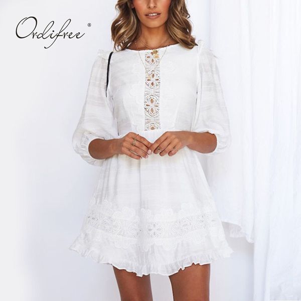 

summer women mini half sleeve backless white lace short tunic beach dress 210415, Black;gray