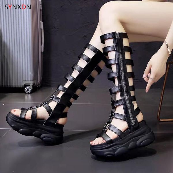 

women long boots thick bottom zip belt narrow band leather knee botas punk platform sandalias botines non-slip open toe, Black