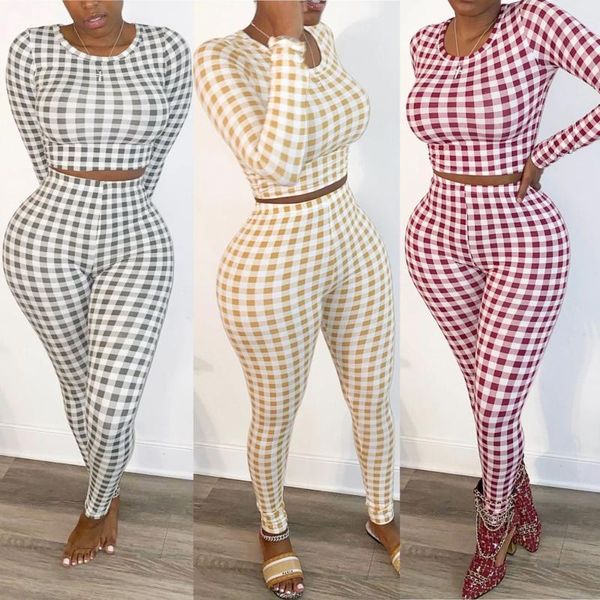 

women's tracksuits dpsde 2021 spring street casual style sets long sleeve round neck elastic pants plaid printed two piece, Gray