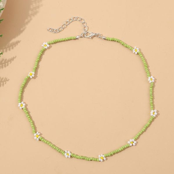 

korean style female handmade beaded light green glass beads white flower chokers necklaces for women girls gifts party jewelry, Silver