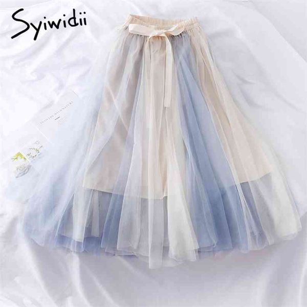 

bow lace up elastic high waist skirt women mesh ball gown mid-calf casual a-line spring korean fashion 210607, Black