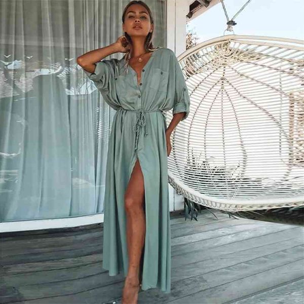 Baumwolle Langes Strandkleid saida de Praia Cover up Kaftan Sarong Vestido Badebekleidung Ropa Playa Tunika #Q1111 210420