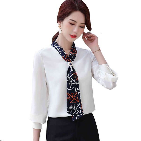 

women's blouses & shirts 2021 fashion ladies tie collar silk women latest white yellow wine elegant formal shirt s-5xl 3qmm
