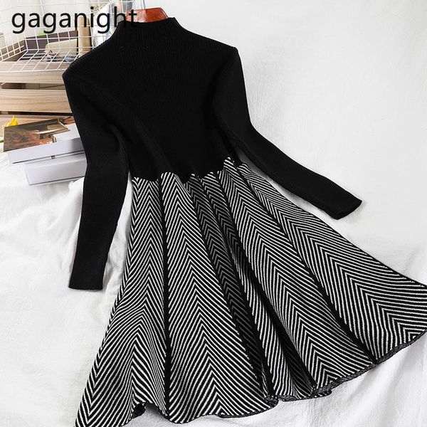 

gaganight knitted women stretchy dress long sleeve pleated vestidos office lady bodycon chic robe a line fashion dresses party casual, Black;gray