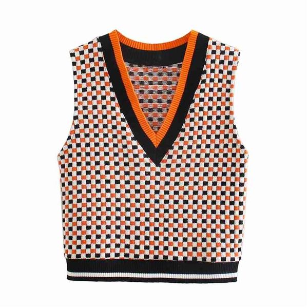 Lässige Frau Orange Plaid Stricke Weste Spring Fashion Ladies gegen Hals ärmellose Pullover Frau Vinatge Soft Strickwear 210515