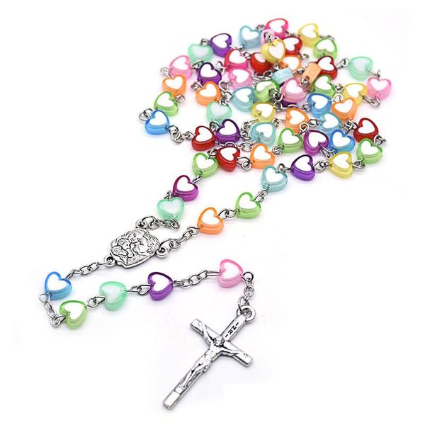 

children colorful love heart beads chain rosary necklaces jesus cross pendants necklace for kids church prayer jewelry gifts pendant, Silver