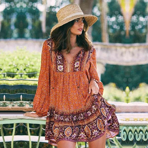 

vintage cotton baby-doll style long sleeve boho dress v-neck tassle summer dress flutter hem bohemian dress for eomen a613 210416, White;black