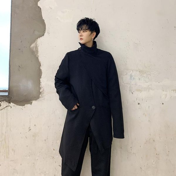 

men's trench coats 2021 autumn korean version of loose dark solid color overlapping collar irregular hem casual windbreaker, Tan;black