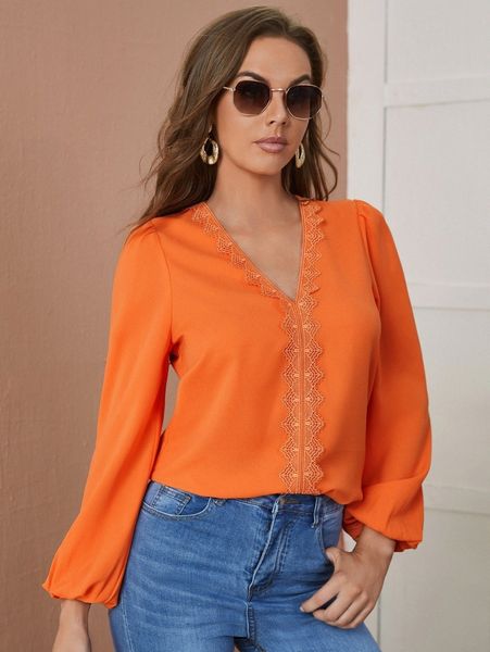 

v neck contrast lace lantern sleeve blouse 53dj#, White