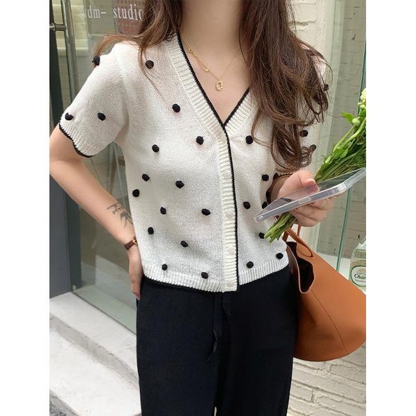 

women's knits & tees summer v neck short sleeve polka dot knitted cardigan women loose straight single breasted ladies blouse 2021, White