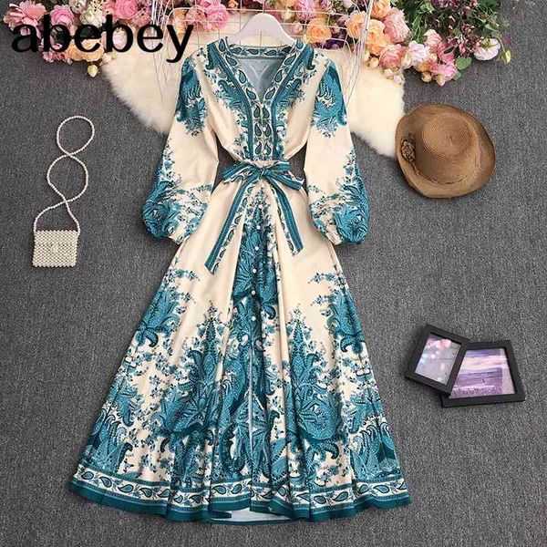 

spring autumn bohemian v-neck long sleeve dress high waist lace up single breasted print mid-length a-line dress 210715, Black;gray