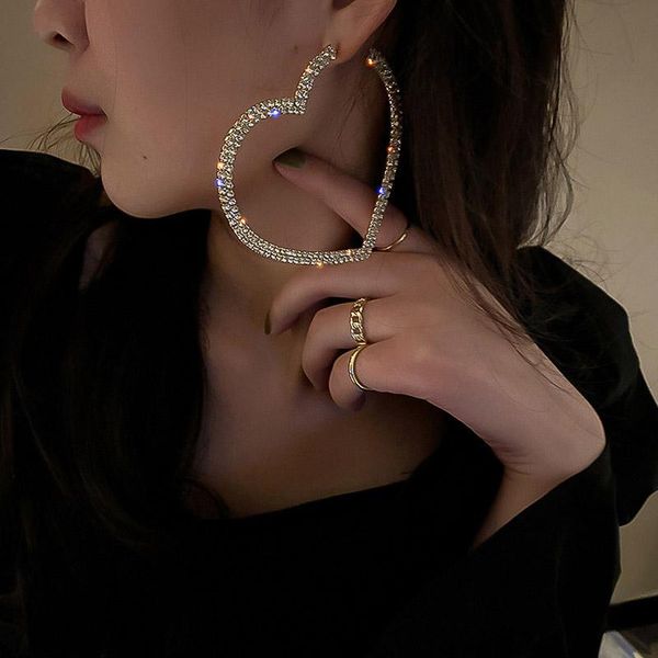 

hoop & huggie heart earrings for women girls sparkling shiny zircon large earring hyperbole trendy romantic earings jewelry friends gifts, Golden;silver