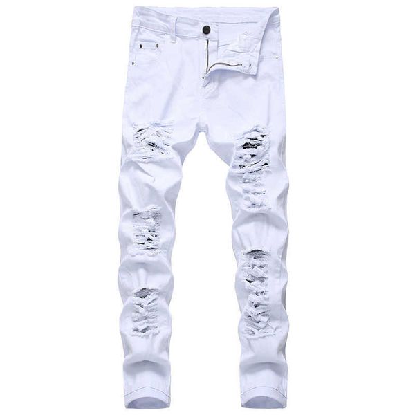 Homens rasgado branco vermelho preto trecho slim fit spring spring outono jeans angustiado hip hop streetwear jeans para calças x0621