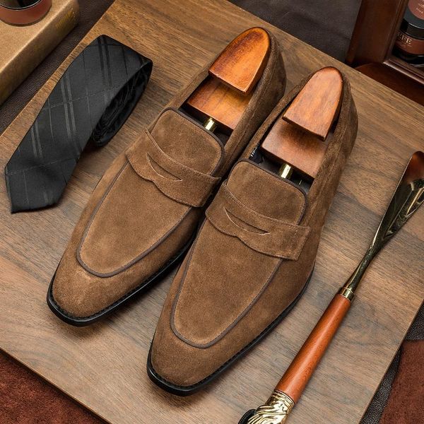 

men's loafers suede shoes slip on penny loafer brown casual wedding office summer dress leather men, Black