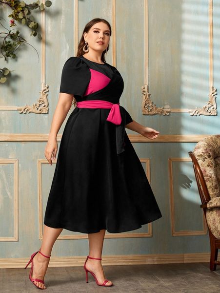 

plus colorblock keyhole back belted dress y8hn#, Black