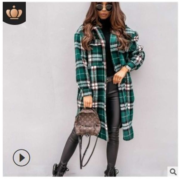 

autumn winter long sleeved plaid printed shirt coat medium top, Black;brown