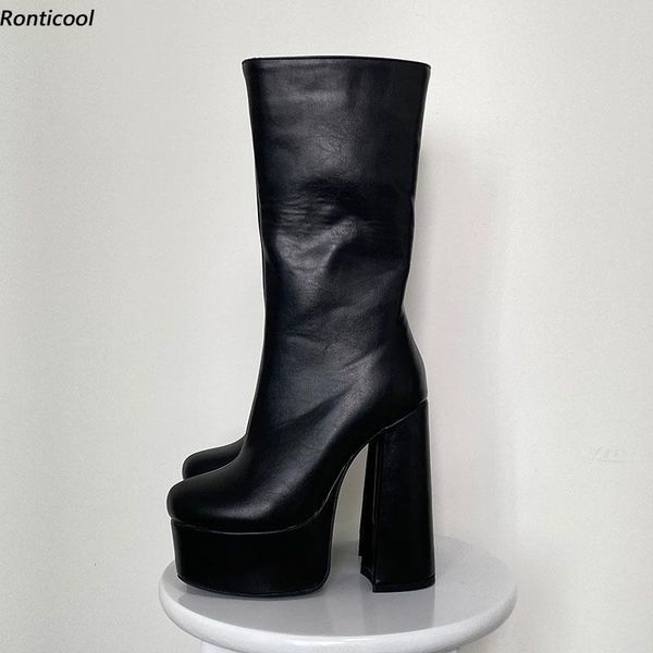 

ronticool handmade women platform winter mid calf boots square high heels round toe black stylish shoes us size 5-10.5
