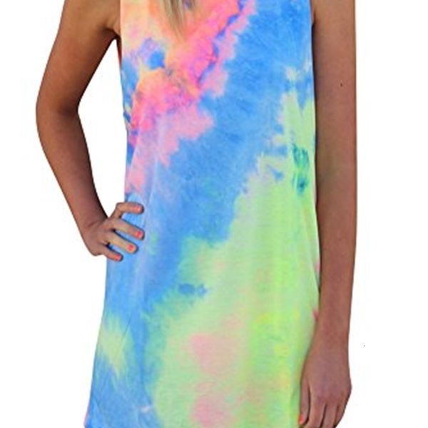 

casual dresses crgirls womens sleeveless tie-dye round neck mini dress ajbz, Black;gray