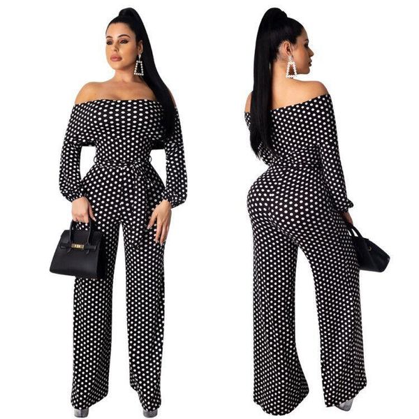 

women's jumpsuits & rompers fashion style polka dot spliced lady slash neck lade-up high waist wide leg pants temperament, Black;white