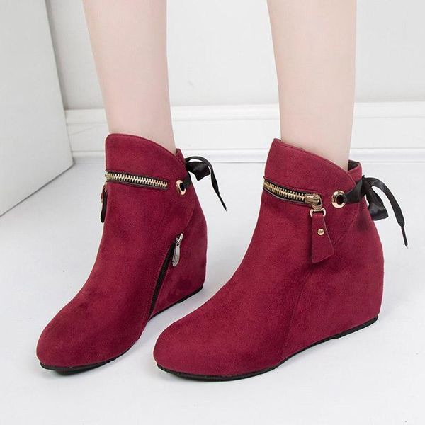 

plus size 35-43 women wedges boots 2021 winter warm plush snow shoes ankle boot back bow increasing booties botas mujer mf7o, Black