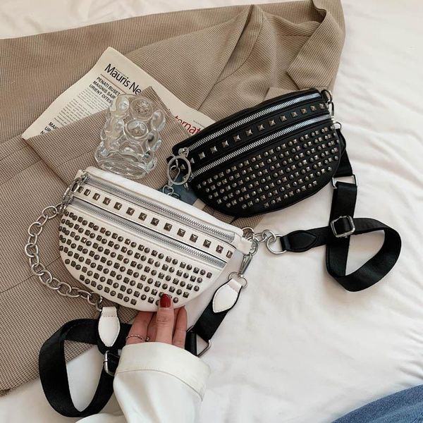 

women bag leather chest casual rivet zip waist bags for crossboy metal chain satchel small phone pouch bum