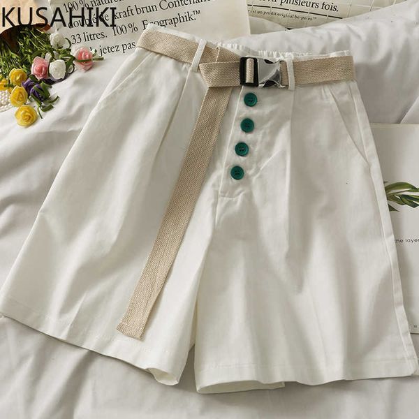 

kusahiki korean belt high waisted woman shorts causal summer bottoms fashion solid wide leg short feminimos 6j534 210602, White;black