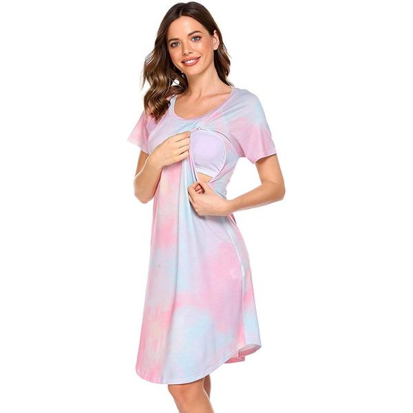 

maternity dresses tie dye print breastfeeding dress women round neck casual short sleeve a-line summer pregnancy d30, White