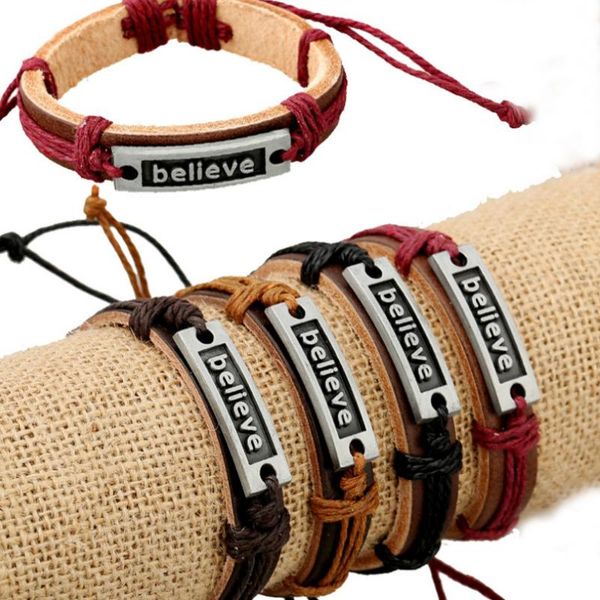 

fashion vintage retro believe genuine leather bracelet casual alloy charm wax cords handmade wristbands bangle wrap jewelry gift link, chain, Black