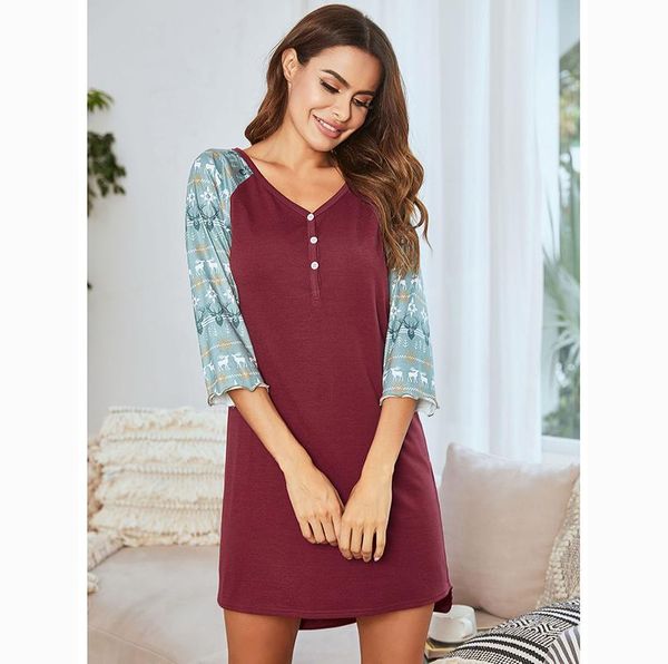 

women's sleepwear splice nightgowns women casual print three-quarter sleeves nightshirts v-neck loose chemise dress home, Black;red