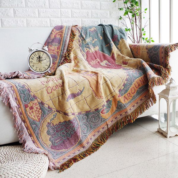 Mapa do mundo Algodão Manta Bohemian Cobertor Multi-função Sofá Decorativo Piano Capa Tapeçaria Cobertor Borl