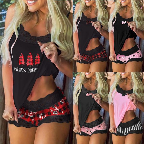 

women womens sleepwears christmas print pajamas sleeveless lace cami shorts lingerie sleepwear set fashion home ladies underwear, Black;red