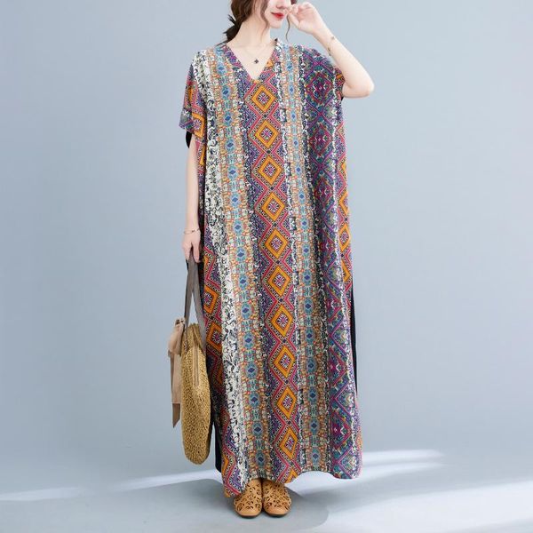 

party dresses vintage bohemian floral print cotton linen dress robes 2021 spring casual loose ladies long woman girls maxi, White;black