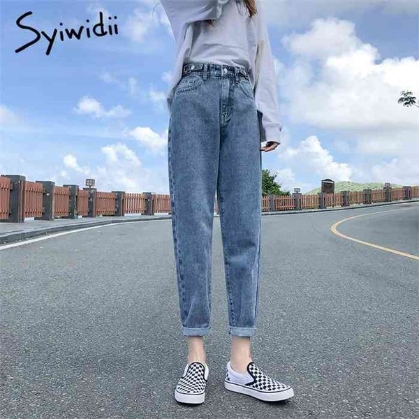 

syiwidii high waist woman plus size denim pants lace up washed loose coated harem pants casual mom jeans women gray, Blue