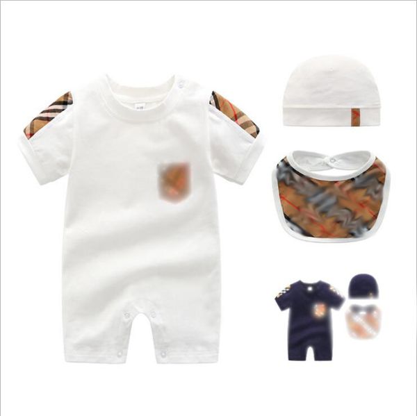 Yaz Bebek Ekose Tulum + Şapka + Önlükler Bebek Erkek Kız Kısa Kollu Tulumlar Toddler Yenidoğan Onesies Çocuklar Romper 0-24 Ay