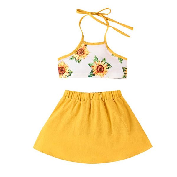 

clothing sets 2021 0-6y kids baby girl set summer boho sunflower print halter crop yellow solid skirt 2pcs outfits holiday, White