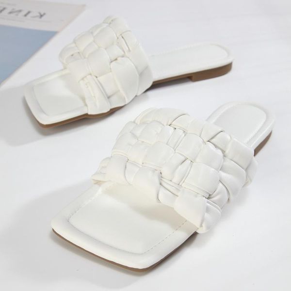 

slippers brand weave leather women sandal open toe flat casual slides summer outdoor beach female flip flops, Black