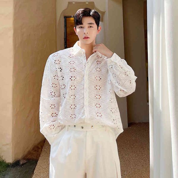 

men's casual shirts men niche ins net celebrity hollow long sleeve loose male beach korean streetwear fashion vintage g5wl, White;black