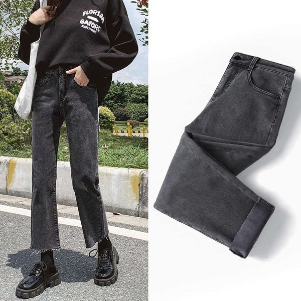 

women's jeans autumn and winter black high waisted slim straight with plush thickening pants for outer wear 78e8, Blue