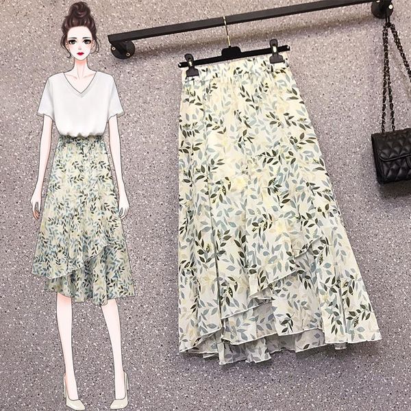 

chiffon irregular floral midi plus size oversized 5xl large korean fashion high-waisted summer women's clothing skirts 2021, Black