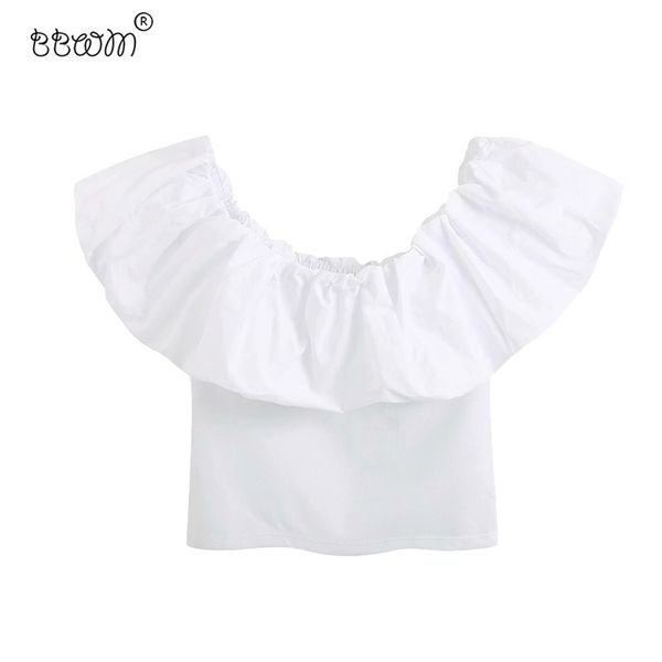 

women sweet fashion white ruffles short blouses vintage slash neck sleeve stretchy shirts girls chic 210531