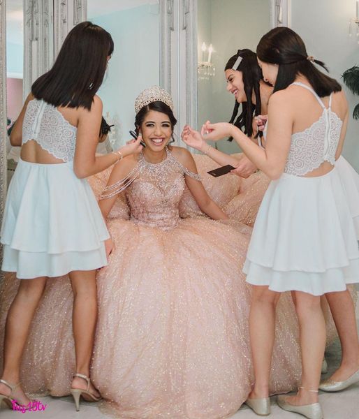 2022 сексуальное блестящее розовое золото розовое кружевное платье Quinceanera с блестками и высоким воротом, украшенное кристаллами и бисером, бальное платье с открытыми плечами Vestidos De Dres226C