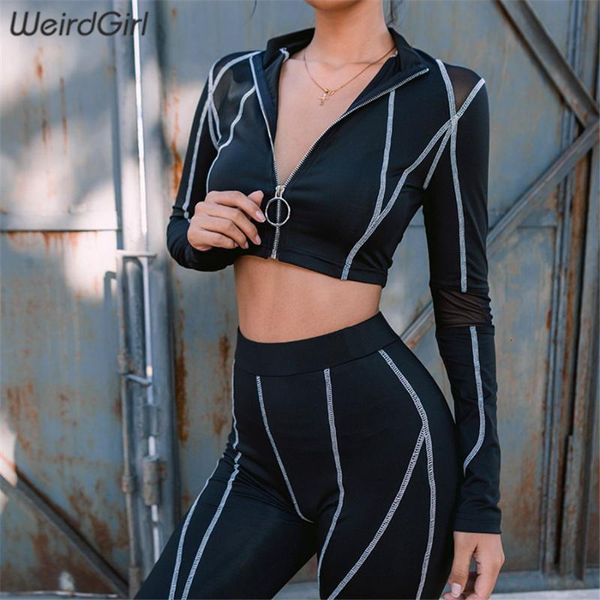 

women's two piece pants weirdgirl female sport suit 2 pieces fitness clothing sportswear running leggings set long sleeve zipper elasti, White