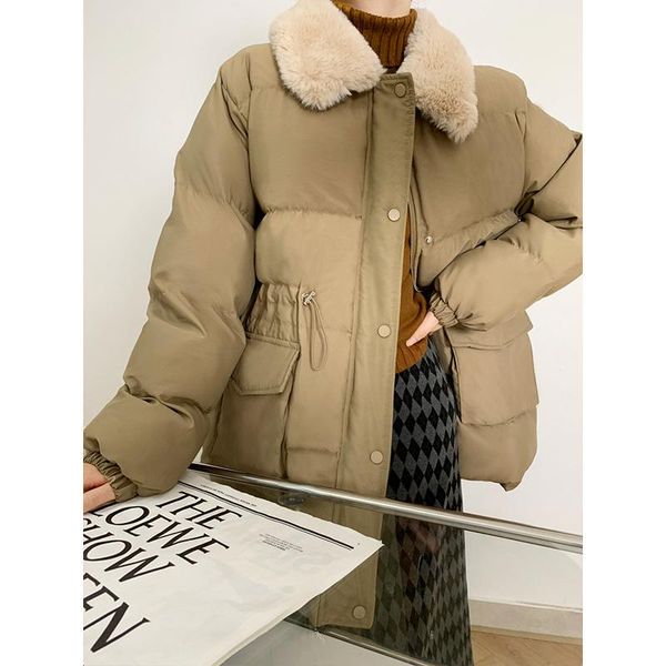 

women's down & parkas high waist cotton jacket women casual wool collar long sleeve korean style loose padded coat femme winter outwear, Black