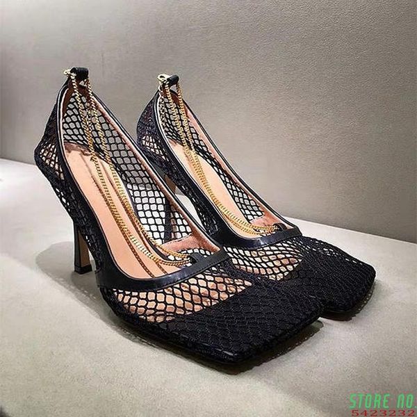 

square toe thin high heels women sandals slip on chain decoration summer party pumps shallow, Black