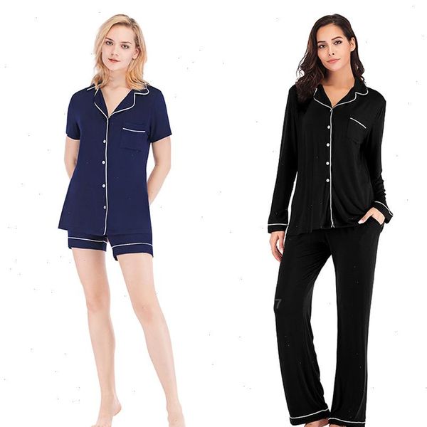 

modal cotton soft set notch women sleepwear collar leaf pure color short long sleeve single breasted lounge pajamas pjs, Black;red