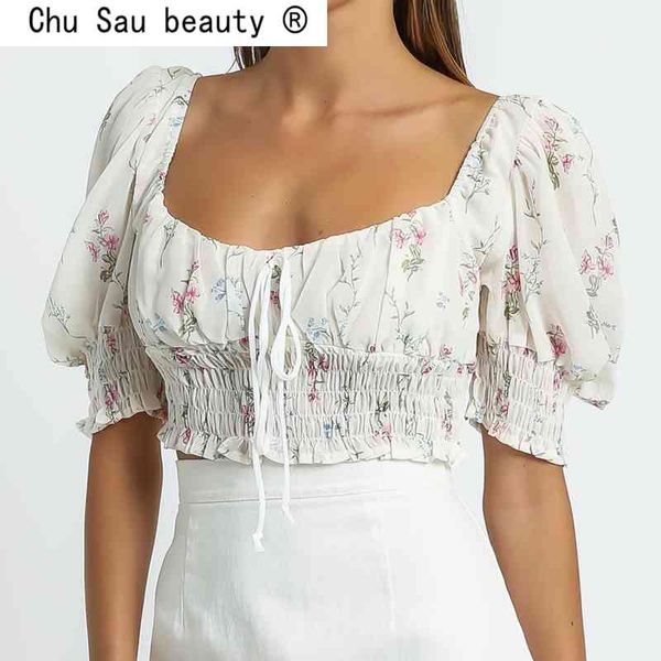 

summer fashion french chic floral print crop women casual bow tie elastic waist blouses female lantern sleeve holiday 210508, White