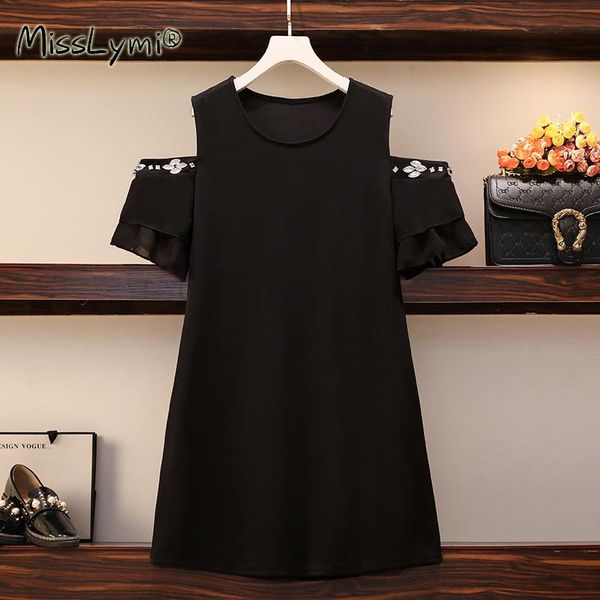 

casual dresses 5xl plus size women black loose dress summer 2021 fashion chiffon short sleeve beaded diamonds off the shoulder, Black;gray