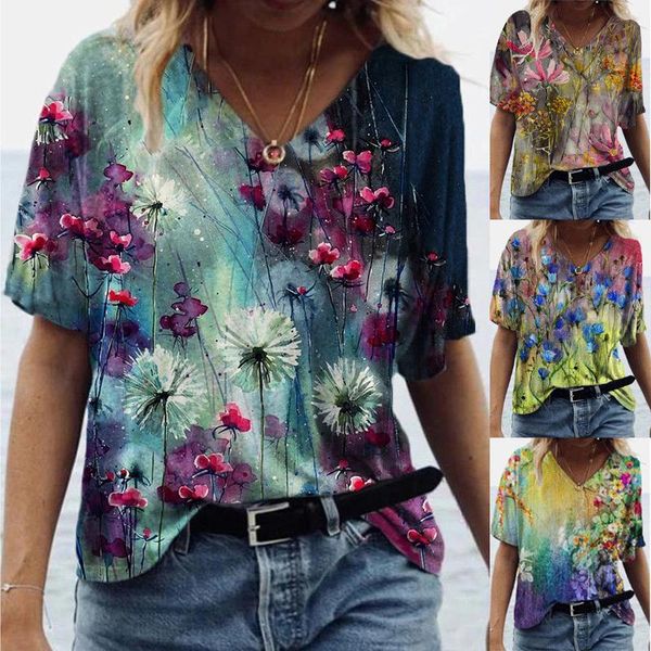 

women's t-shirt 2021 fashion abstract printed short sleeve casual blouse v-neck tshirt, White